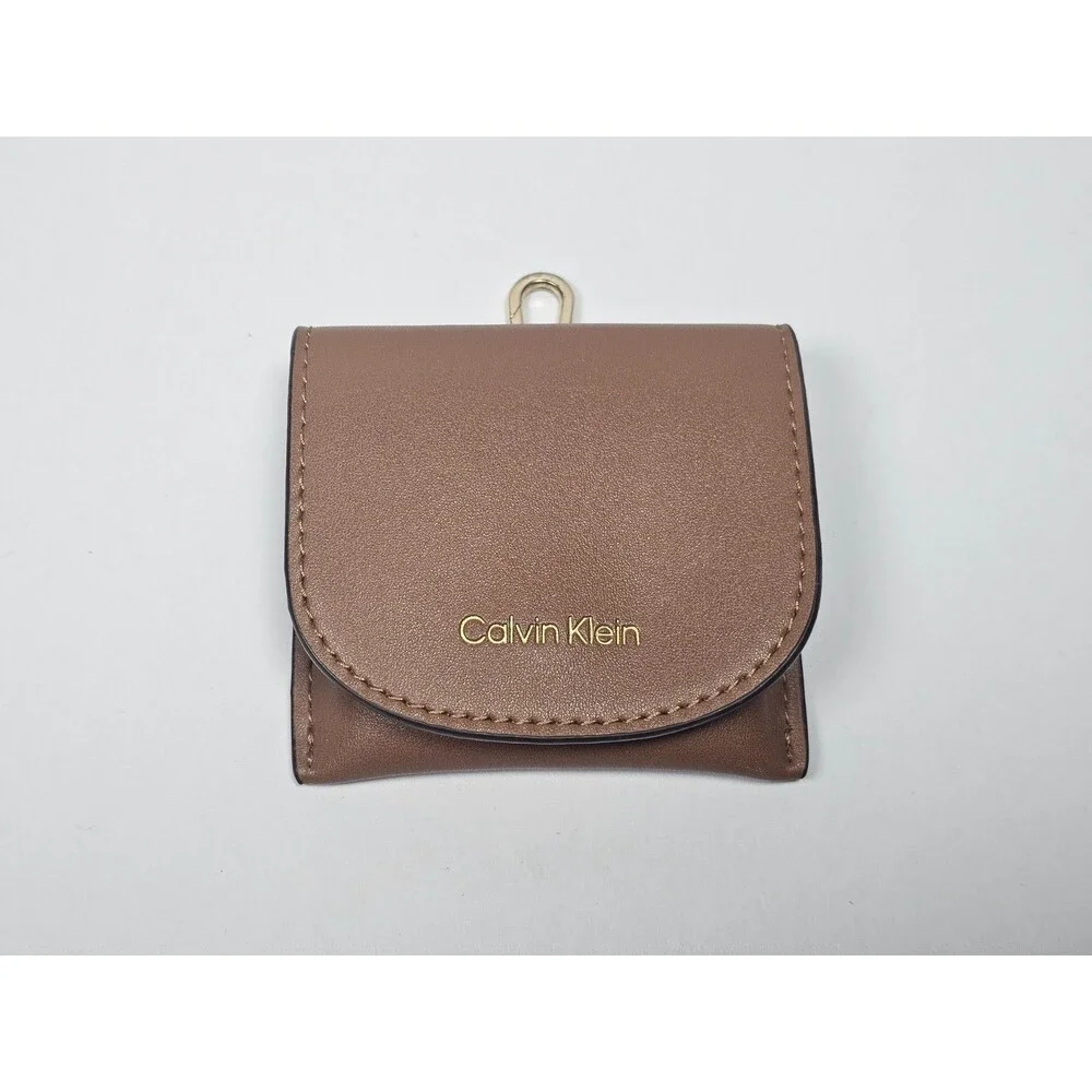Calvin Klein Faux Leather Coin Purse Keychain AirPods Earbud Case Brown